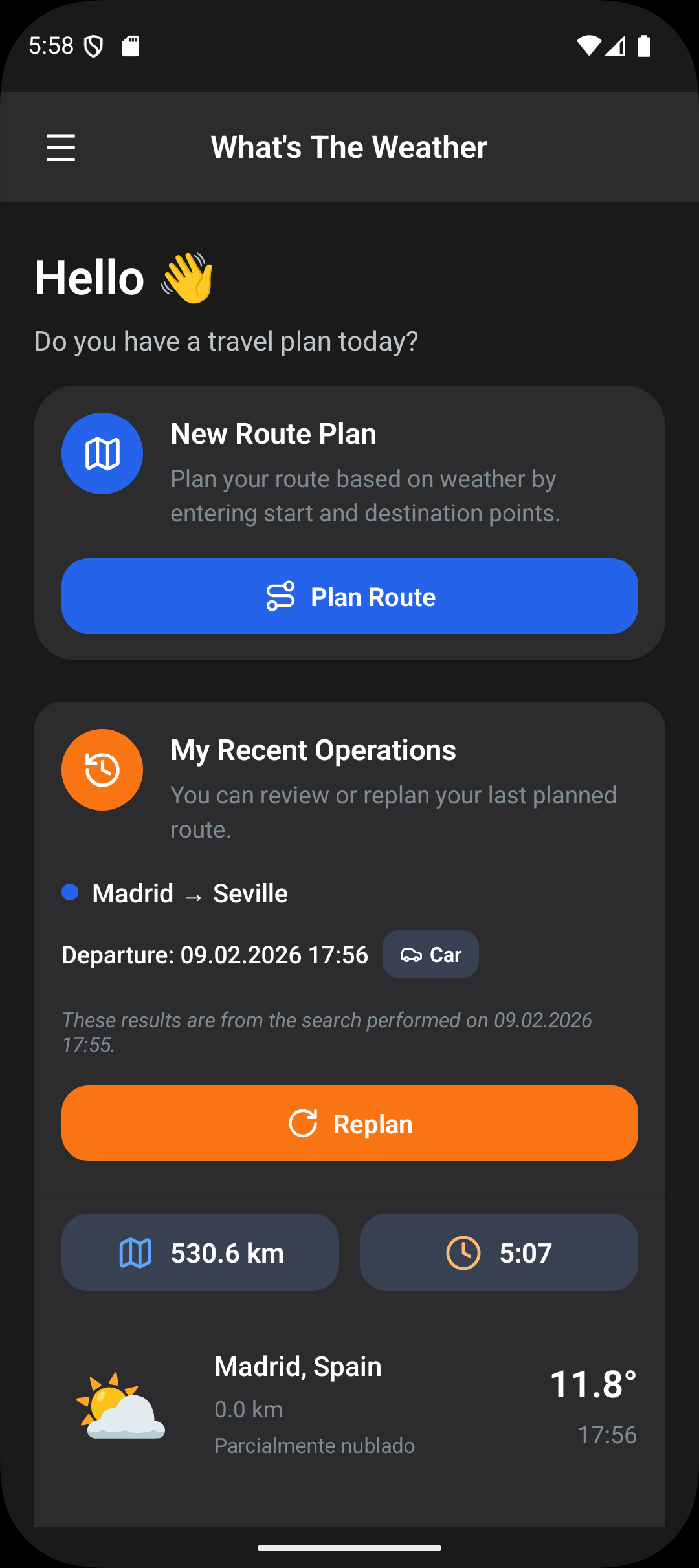 WhatsTheWeather Home Screen - Dark Theme